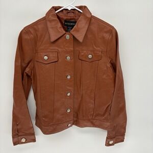 Vintage Metro Style Burnt Orange Type 3 Leather TruckerJacket Y2K Women 10
